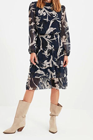 Yeni Regular Gündüz Gece Şifon Dokuma Dik Yaka Uzun Kol Skater Midi Boy Elbise