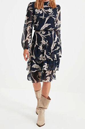 Yeni Regular Gündüz Gece Şifon Dokuma Dik Yaka Uzun Kol Skater Midi Boy Elbise