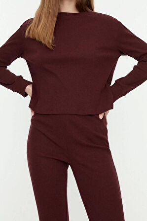 Kadın Moda Şık Bisiklet Yaka Boru Paça Uzun Kol Fitilli Örme Pijama Takımı