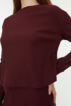 Kadın Moda Şık Bisiklet Yaka Boru Paça Uzun Kol Fitilli Örme Pijama Takımı