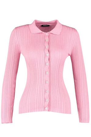 Kadın Moda Şık Regular Polo Yaka Slim Fitilli Polo Yaka Triko Hırka