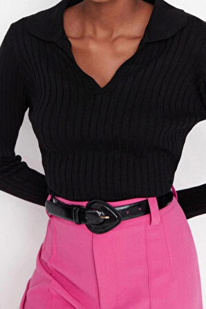 Kadın Moda Şık Regular Polo Yaka Uzun Kol Düz Kol Ucu Detaylı Polo Yaka Triko Kazak