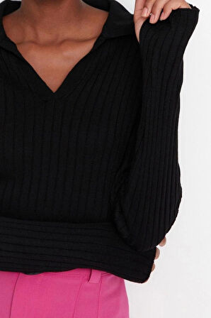 Kadın Moda Şık Regular Polo Yaka Uzun Kol Düz Kol Ucu Detaylı Polo Yaka Triko Kazak