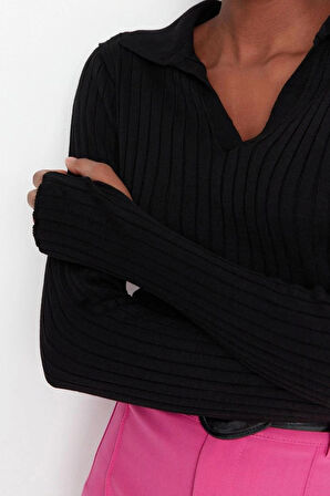 Kadın Moda Şık Regular Polo Yaka Uzun Kol Düz Kol Ucu Detaylı Polo Yaka Triko Kazak