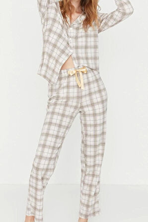 Kadın Moda Şık Gömlek Yaka Boru Paça Uzun Kol %100 Pamuklu Ekoseli Örme Pijama Takımı