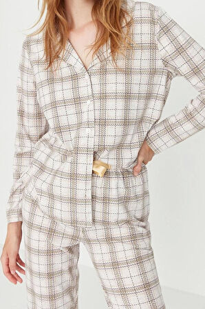 Kadın Moda Şık Gömlek Yaka Boru Paça Uzun Kol %100 Pamuklu Ekoseli Örme Pijama Takımı