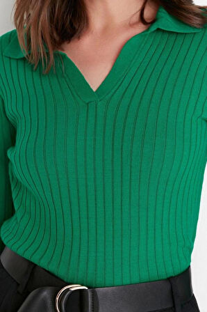 Kadın Moda Şık Regular Polo Yaka Uzun Kol Düz Kol Ucu Detaylı Polo Yaka Triko Kazak