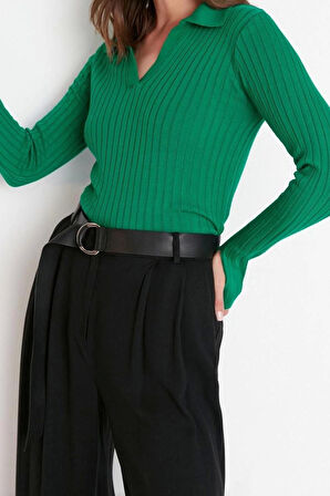 Kadın Moda Şık Regular Polo Yaka Uzun Kol Düz Kol Ucu Detaylı Polo Yaka Triko Kazak