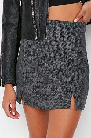 Kadın Moda Stil Mini Astarsız Örme Yırtmaç Detaylı Mini Normal Bel Örme Etek