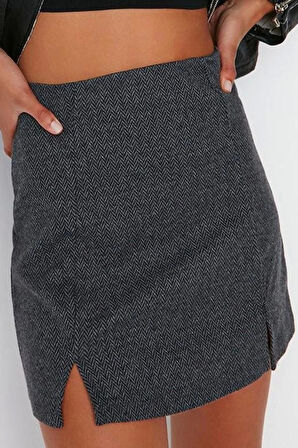 Kadın Moda Stil Mini Astarsız Örme Yırtmaç Detaylı Mini Normal Bel Örme Etek