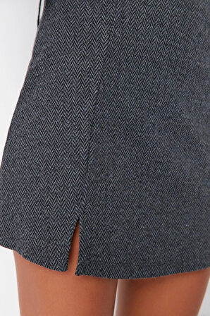 Kadın Moda Stil Mini Astarsız Örme Yırtmaç Detaylı Mini Normal Bel Örme Etek