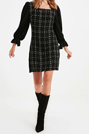 Yeni Slim Gündüz Gece Tüvit Dokuma Kare Yaka Uzun Kol A-Line Mini Boy Elbise