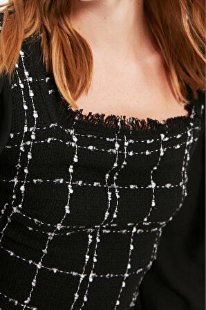 Yeni Slim Gündüz Gece Tüvit Dokuma Kare Yaka Uzun Kol A-Line Mini Boy Elbise