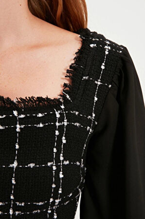 Yeni Slim Gündüz Gece Tüvit Dokuma Kare Yaka Uzun Kol A-Line Mini Boy Elbise