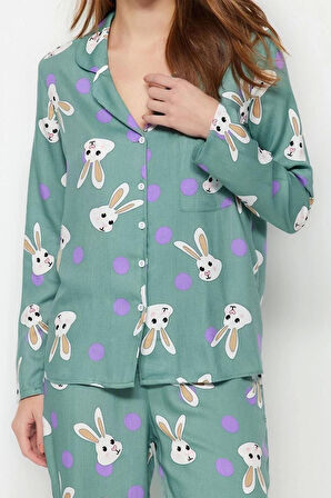 Kadın Moda Şık Gömlek Yaka Boru Paça Uzun Kol Tavşan Desenli Viskon Dokuma Pijama Takımı