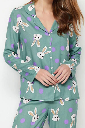 Kadın Moda Şık Gömlek Yaka Boru Paça Uzun Kol Tavşan Desenli Viskon Dokuma Pijama Takımı