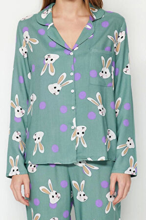 Kadın Moda Şık Gömlek Yaka Boru Paça Uzun Kol Tavşan Desenli Viskon Dokuma Pijama Takımı