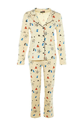 Kadın Moda Şık Gömlek Yaka Boru Paça Uzun Kol %100 Pamuklu Desenli Örme Pijama Takımı