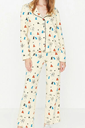Kadın Moda Şık Gömlek Yaka Boru Paça Uzun Kol %100 Pamuklu Desenli Örme Pijama Takımı