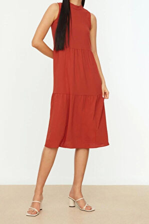 Yeni Regular Casual Günlük Aerobin Dokuma Dik Yaka Kolsuz Kol Shift Midi Boy Elbise