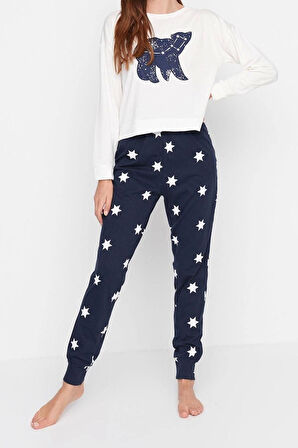 Kadın %100 Pamuk Bisiklet Yaka Uzun Kol %100 Pamuk Yıldız Desenli T-shirt-Jogger Örme Pijama Takımı