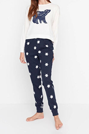 Kadın %100 Pamuk Bisiklet Yaka Uzun Kol %100 Pamuk Yıldız Desenli T-shirt-Jogger Örme Pijama Takımı