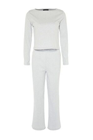 Kadın Moda Şık Bisiklet Yaka Geniş Paça Uzun Kol Lastikli Fitilli Örme Pijama Takımı