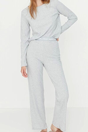 Kadın Moda Şık Bisiklet Yaka Geniş Paça Uzun Kol Lastikli Fitilli Örme Pijama Takımı