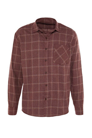 Erkek Moda Uzun Kol Dokuma Bordo Regular Fit Tek Cepli Kışlık Oduncu Kareli Gömlek