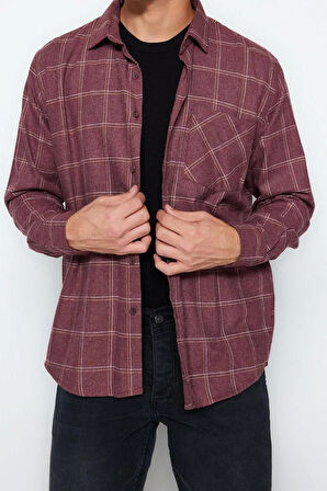 Erkek Moda Uzun Kol Dokuma Bordo Regular Fit Tek Cepli Kışlık Oduncu Kareli Gömlek