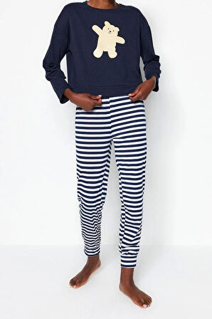 Kadın Moda Şık Bisiklet Yaka Lastikli Paça Uzun Kol %100 Pamuklu Ayıcık Baskılı Örme Pijama Takımı