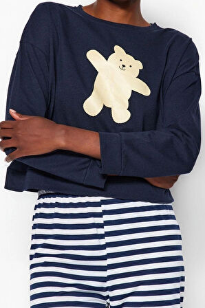 Kadın Moda Şık Bisiklet Yaka Lastikli Paça Uzun Kol %100 Pamuklu Ayıcık Baskılı Örme Pijama Takımı