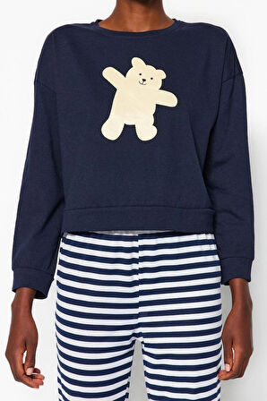 Kadın Moda Şık Bisiklet Yaka Lastikli Paça Uzun Kol %100 Pamuklu Ayıcık Baskılı Örme Pijama Takımı