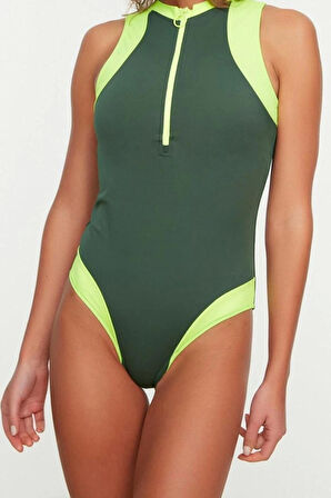 Kadın Destekli Kolsuz Halter Yaka Siyah Halter Yaka Fermuarlı Hipster Mayo