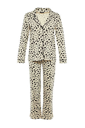 Kadın Gömlek Yaka Boru Paça Uzun Kol %100 Pamuklu Leopar Desenli Gömlek-Pantolon Örme Pijama Takımı
