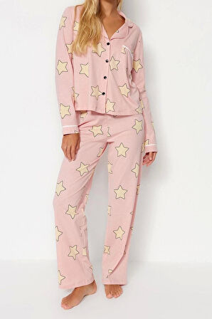 Kadın Moda Şık Gömlek Yaka Boru Paça Uzun Kol %100 Pamuklu Yıldız Desenli Örme Pijama Takımı