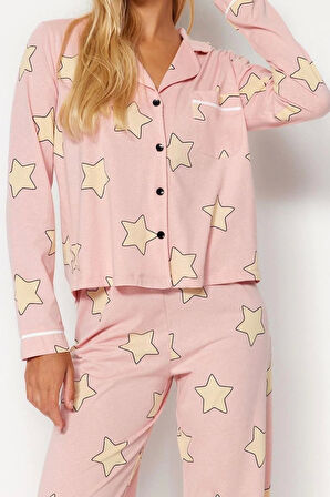 Kadın Moda Şık Gömlek Yaka Boru Paça Uzun Kol %100 Pamuklu Yıldız Desenli Örme Pijama Takımı
