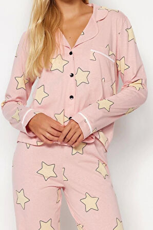 Kadın Moda Şık Gömlek Yaka Boru Paça Uzun Kol %100 Pamuklu Yıldız Desenli Örme Pijama Takımı