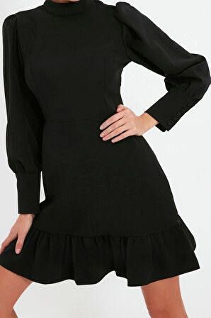 Yeni Regular Business Finike Dokuma Dik Yaka Uzun Kol A-Line Mini Boy Elbise