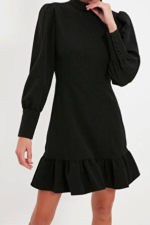 Yeni Regular Business Finike Dokuma Dik Yaka Uzun Kol A-Line Mini Boy Elbise