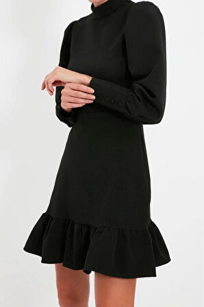 Yeni Regular Business Finike Dokuma Dik Yaka Uzun Kol A-Line Mini Boy Elbise