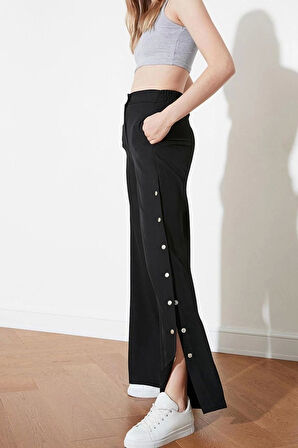 Kadın Yeni Moda Geniş Paça Regular Boy Dokuma Wide Leg Geniş Paça Yanları Düğmeli Pantolon