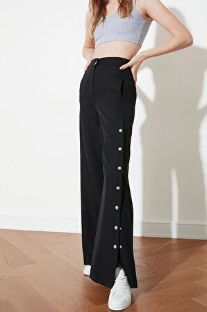 Kadın Yeni Moda Geniş Paça Regular Boy Dokuma Wide Leg Geniş Paça Yanları Düğmeli Pantolon