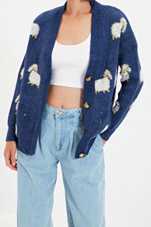 Kadın Moda Şık Regular V Yaka Regular Yumuşak Dokulu Hayvan Desenli Triko Hırka