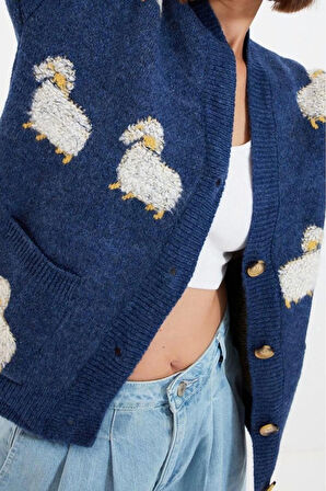 Kadın Moda Şık Regular V Yaka Regular Yumuşak Dokulu Hayvan Desenli Triko Hırka