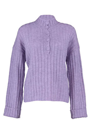 Kadın Moda Şık Regular Dik Yaka Uzun Kol Düz Geniş Kalıp Yumuşak Dokulu Dik Yaka Triko Kazak