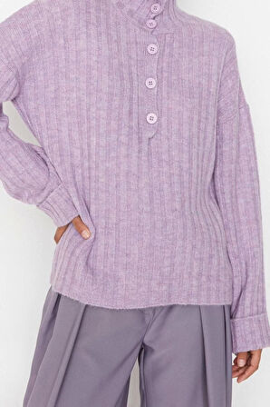 Kadın Moda Şık Regular Dik Yaka Uzun Kol Düz Geniş Kalıp Yumuşak Dokulu Dik Yaka Triko Kazak