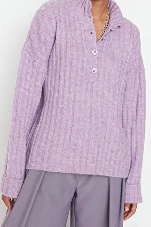 Kadın Moda Şık Regular Dik Yaka Uzun Kol Düz Geniş Kalıp Yumuşak Dokulu Dik Yaka Triko Kazak