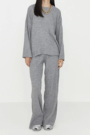 Kadın Moda Şık Boru Paça Regular Boy Uzun Kollu Basic Bisiklet Yaka Triko Alt-Üst Takım