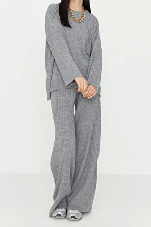 Kadın Moda Şık Boru Paça Regular Boy Uzun Kollu Basic Bisiklet Yaka Triko Alt-Üst Takım